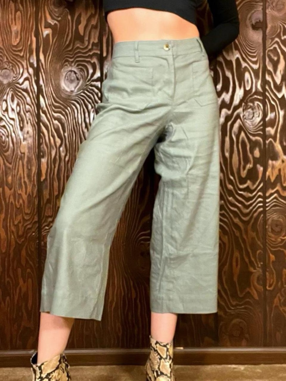 Women's Linen High-Rise Wide-Leg Cropped Pants Sage Green